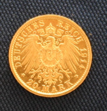 Die von 1888 bis 1913 geprägte Goldmark 20 Mark Preussen Wilhelm II. Als Kurantmünze entsprach der Wert ihres Goldgewichtes dem ihres eingeprägten Wertes. © D.J. MUELLER
