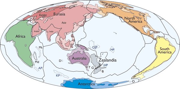 Simplified map of Earth’s tectonic plates and continents, including Zealandia