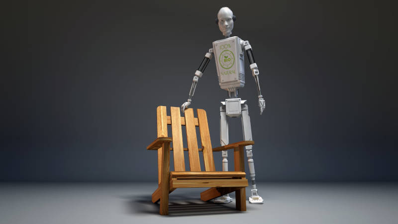 Roboter am Liegestuhl aus Holz