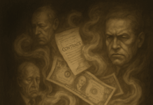 Der Duft der Lüge – Vom sanften Gift und der gekauften Wahrheit Zigarettenrauch mit Gesichtern von Politikern und einem Geldschein.