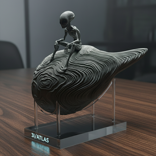 Statue des 3I-Atlas-Kometen mit sitzendem Alien darauf