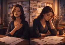 Authentisch erfolgreich: Wie du deine Träume jagst, ohne dich selbst zu verlieren Junge Frau sitzt nachdenklich am Schreibtisch vor einem Vision Board – Symbolbild dafür, authentisch erfolgreich zu leben, ohne sich selbst zu verlieren.