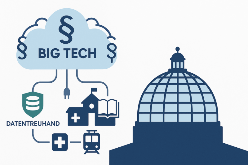 Warum Deutschlands Demokratie Big Tech politisch bändigen muss Im Vordergrund die Reichstagskuppel mit einem stilisierten „Gesetz-Gitter“ (Paragraph-Symbol) als sanftes Geschirr, das eine große neutrale Cloud „Big Tech“ über standardisierte Leitungen (API-Icons) einhegt. Links unten ein öffentlicher „Datentreuhand“-Knoten speist Symbole für Klinik, Schule, ÖPNV. Farbwelt: Blau/Grau/Grün, viel Weißraum, keine Marken/Logos.