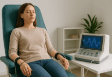 Bioresonanz: Wirkung und Grenzen der „Schwingungs-Therapie“ Person sitzt entspannt in einer Praxis, an Händen Elektroden, daneben ein Gerät mit Wellenkurven – Symbolbild für eine Bioresonanz-Behandlung.