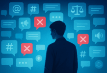 Cancel Culture: Digitale Gerechtigkeit oder moderner Pranger? Person vor einer Wand aus Social-Media-Kommentaren und Hashtags – Symbolbild für Cancel Culture zwischen digitalem Pranger und Rechenschaft.