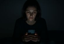 Doomscrolling: Warum du nicht aufhören kannst, schlechte Nachrichten zu scrollen – und wie du aussteigst Müde Person sitzt im Dunkeln und lässt sich vom hell leuchtenden Smartphone fesseln – Symbolbild dafür, wie man Doomscrolling stoppen und Abstand zu schlechten Nachrichten gewinnen kann.