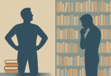 Dunning-Kruger-Effekt: Die gefährliche Denkfalle der Selbstüberschätzung Illustration von zwei Versionen derselben Person vor kleinem und großem Bücherstapel – Symbolbild für den Dunning-Kruger-Effekt und Selbstüberschätzung.