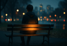 Niemand liebt mich – was du tun kannst, wenn sich alles lieblos anfühlt Einsame Person auf einer Parkbank in der Stadt, die einen warmen Lichtschein in sich trägt – Symbolbild dafür, wie man das Gefühl „Niemand liebt mich“ überwinden kann.