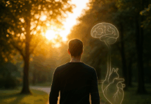 Heilende Schritte: Wie dich Gehen von innen heraus verwandelt Person geht aufrecht im Abendlicht durch einen Park, jeder Schritt sichtbar von der Ferse abrollend – Symbolbild für heilende Schritte und die Kraft des Gehens.