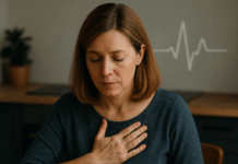 Die heimlichen Herz-Killer: 7 Alltagsgewohnheiten, die dein Herz leise sabotieren Nachdenkliche Person mit Hand auf der Brust am Tisch mit Kaffee, Tabletten, Smartphone und Zahnbürste – Symbolbild für versteckte Herz-Killer im Alltag.