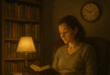 Verlängert Lesen dein Leben? Was Bücher wirklich mit deiner Lebenszeit machen Person sitzt abends im Sessel und liest ein Buch, im Hintergrund Bücherregal und Uhr – Symbolbild für die Frage „Verlängert Lesen dein Leben?“.