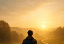 Wenn das Leben schwer wird: So holst du dir Motivation zurück Person mit Rucksack geht auf einem Weg dem Morgenlicht entgegen – Symbolbild dafür, wie man auf der Lebensreise seine Motivation zurückgewinnen kann.