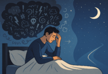 Overthinking stoppen: Wie du die Gedankenspirale durchbrichst und wieder frei atmen kannst Person im Bett zwischen chaotischen Gedankenwolken und klarem Sternenhimmel – Symbolbild dafür, wie man Overthinking stoppt und innere Ruhe findet.