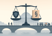 Israel-Palästina-Konflikt Völkerrecht: Was Deutschland jetzt leisten muss Illustration Israel-Palästina-Konflikt Völkerrecht: Waage zwischen Schild (Sicherheit) und Gesetzbuch (Völkerrecht) auf einer Brücke vor der Reichstagskuppel; Menschen und Hilfskonvoi als Zeichen von Dialog und Humanität.“