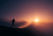 10 radikal kraftvolle Gewohnheiten, die dich unaufhaltsam machen Läufer steigt im Morgengrauen Stadionstufen hinauf – Symbol für Disziplin, Fokus und 10 Gewohnheiten, mit denen du unaufhaltbar werden kannst.