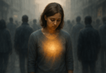 Wertlosigkeit – warum dieses Gefühl lügt und wie du deinen inneren Wert zurückeroberst Gefühl der Wertlosigkeit überwinden - Symbolbild: Gefühl der Wertlosigkeit überwinden – ein Mensch findet inmitten einer grauen Menschenmenge zu seinem inneren Licht und Selbstwert zurück.