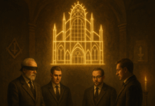 Freimaurerei verstehen: jenseits von Mythos und Verdacht (Teil 1) Freimaurerei verstehen: Menschen stehen um einen rohen Stein in einem Logenraum, darüber ein leuchtender Kathedral-Grundriss.