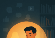 Longform Reading (vertieftes Lesen): Gehirn schärfen, Stress senken und dein Leben verlängern kann Person liest vertieft ein Buch, während Social-Media-Symbole im Hintergrund verblassen – Longform Reading statt digitaler Ablenkung