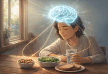 Magnesium – der stille Glücksbooster für dein Gehirn Person sitzt am Tisch mit magnesiumreichen Lebensmitteln, über ihr ein sanft leuchtendes Gehirn – Symbolbild für Magnesium und Gehirn sowie bessere Stimmung.