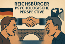 Reichsbürger verstehen: Eine psychologische Perspektive auf Angst und Spaltung Illustration zur Reichsbürger psychologischen Perspektive: Staatssymbole, wütende Köpfe und eine Brücke des Dialogs dazwischen