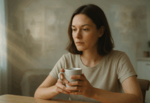 Gegenwart neu sehen: Wie du den Filter der Vergangenheit lockerst Eine Person am Küchentisch, die den Blick von verblassenden Erinnerungsschleiern löst, um die Gegenwart neu sehen zu können.