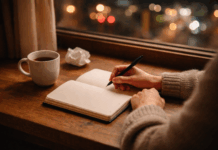 Angst vor dem Scheitern überwinden, ohne dich zu verraten Angst vor dem Scheitern überwinden: Person schreibt abends am Fenster in ein Notizbuch