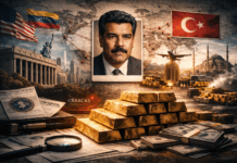 Maduros Gold in der Türkei: Die eigentliche Geschichte beginnt nicht in New York Investigatives Symbolbild zu Maduros Gold in der Türkei mit Weltkarte, roten Verbindungslinien und Goldbarren.