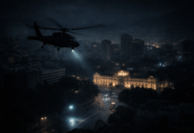 Maduro abgeführt, Venezuela eingefroren: Trumps Zugriff und der Preis der „Stabilität“ Maduro verhaftet: Nächtliches Caracas mit Militärhubschrauber als Symbol für politischen Umbruch in Venezuela.