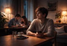 Wenn Nähe zur Simulation wird: Wie die digitale Welt unser Soziales leise aushöhlt Person in realer Umgebung, deren Schatten oder Spiegel eine andere Handlung zeigt – Symbol für geteilte Wahrnehmung zwischen physischer und digitaler Realität.