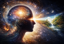 Zwischen Möglichkeit und Projektion: Warum Klarheit nicht im Kopf beginnt Menschliches Profil mit Übergang von innerer Wahrnehmung zu äußerer Landschaft als Symbol für Bewusstsein, Projektion und Klarheit über Zeit.