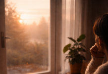 Vom Wünschen zum Verursachen: Warum Selbstverantwortung dein Leben wieder beweglich macht Person sitzt morgens am Tisch vor einem offenen Notizbuch und blickt aus dem Fenster ins warme Morgenlicht, Kaffee dampft daneben