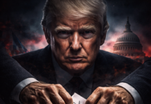 Wenn Wahlen zur Beute werden – Die Logik hinter Trumps „Take-over“-Rhetorik Symbolisches Bild des Politikers Trump, der einen Stimmzettel in eine Wahlurne einwirft, während das Kapitol bedrohlich im Hintergrund steht – Darstellung politischer Kontrolle über Wahlen.