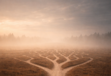 Die stille Sinnkrise: Warum Fortschritt dich nicht automatisch erfüllt Pfad verzweigt sich in viele Wege im Nebel – Symbol für Wahlfreiheit und Orientierungssuche
