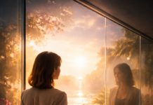 Manifestation ohne Mythos: Warum sich dein Leben erst verändert, wenn du innerlich kohärent wirst Frau steht vor Glaswand mit Spiegelbild und blickt auf leuchtende Landschaft als Symbol für Manifestation und Wunscherfüllung