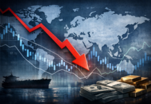 Verdeckter Systembruch? Warum sich Finanzmärkte und Geopolitik gerade gefährlich überlagern Weltkarte mit fallender Finanzkurve, Öltanker im Vordergrund sowie Dollarbündel und Goldbarren als Symbol für geopolitische Spannungen und Druck auf das globale Finanzsystem.